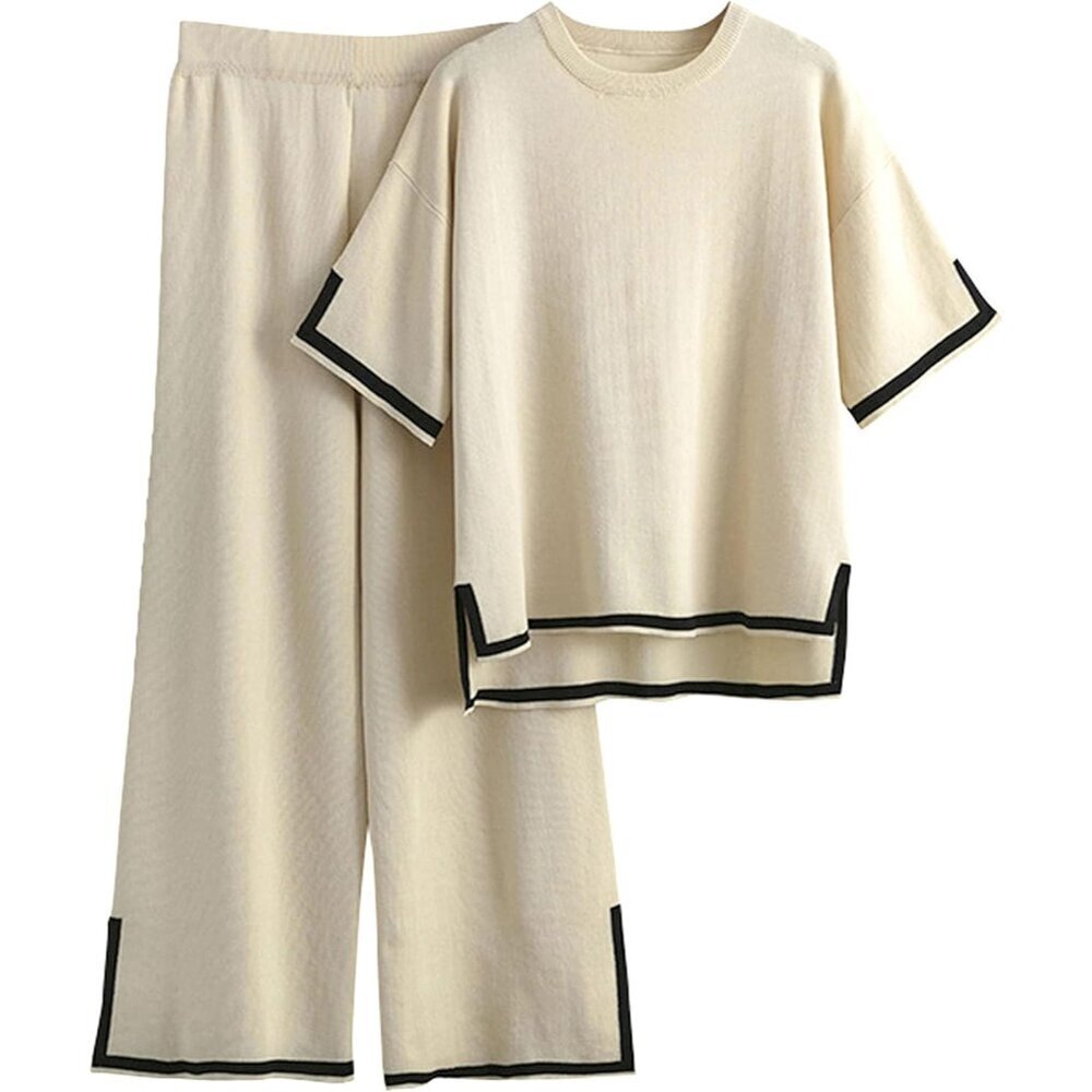Womens Knit 2 Piece Sweater Set Apricot Large Short Sleeve Pullover Wide Leg Pan